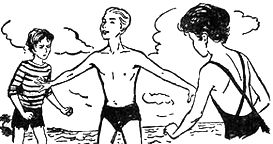 Zeichnung im Buch 'Fünf Freunde helfen ihrem Kameraden': Jo geht auf George (im Badeanzug) los, weil er glaubt, sie sei ein Junge. Dick (in Badehose) versucht, die beiden Mädchen zu trennen.