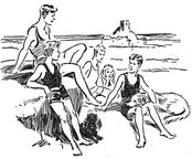 Zeichnung von Eileen Soper im Buch 'Fünf Freunde jagen die Entführer': Die Fünf Freunde und die verkleidete Berta sitzen am Strand