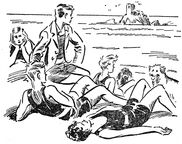 Zeichnung von Eileen Soper im Buch 'Fünf Freunde jagen die Entführer': Die Fünf Freunde und die verkleidete Berta sitzen am Strand