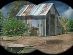Screenshot (Die Hütte auf dem Gelände der Ausgrabungsstätte im Fernglas)